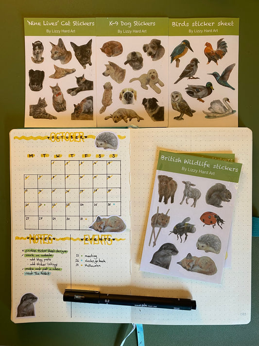 Sticker Sheet Bundle | Hand Drawn Animal Designs | British Wildlife, Cats, Dogs and Birds