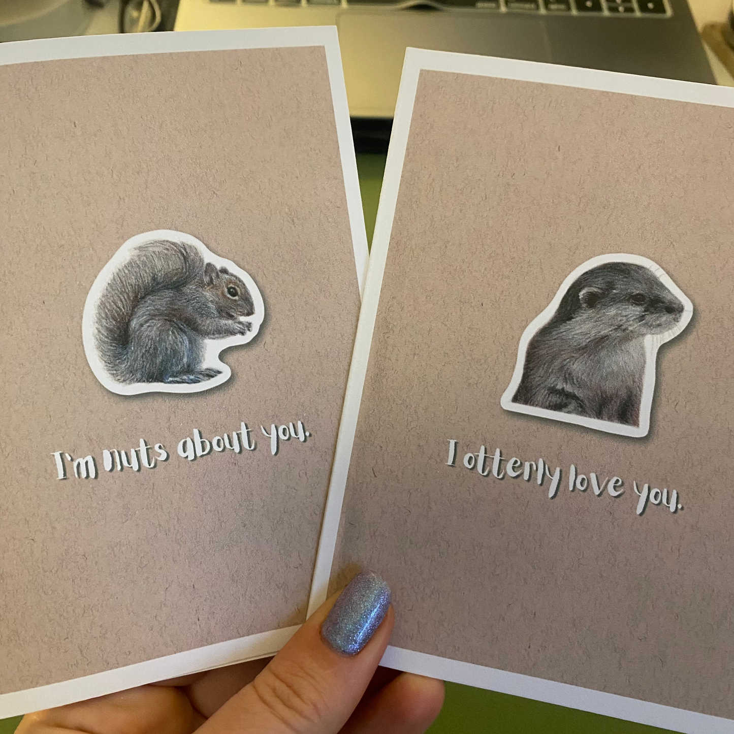 cute pun ainimal greetings cards with otter and squirrel saying "I otterly love you" and "I'm nuts about you" for Valentine's day