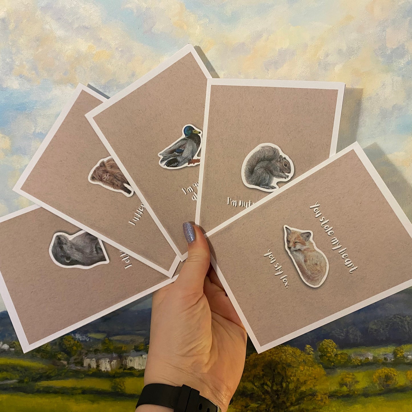 cute pun ainimal greetings cards with otter, fox, highland cow calf, squirrel and duck for Valentine's day