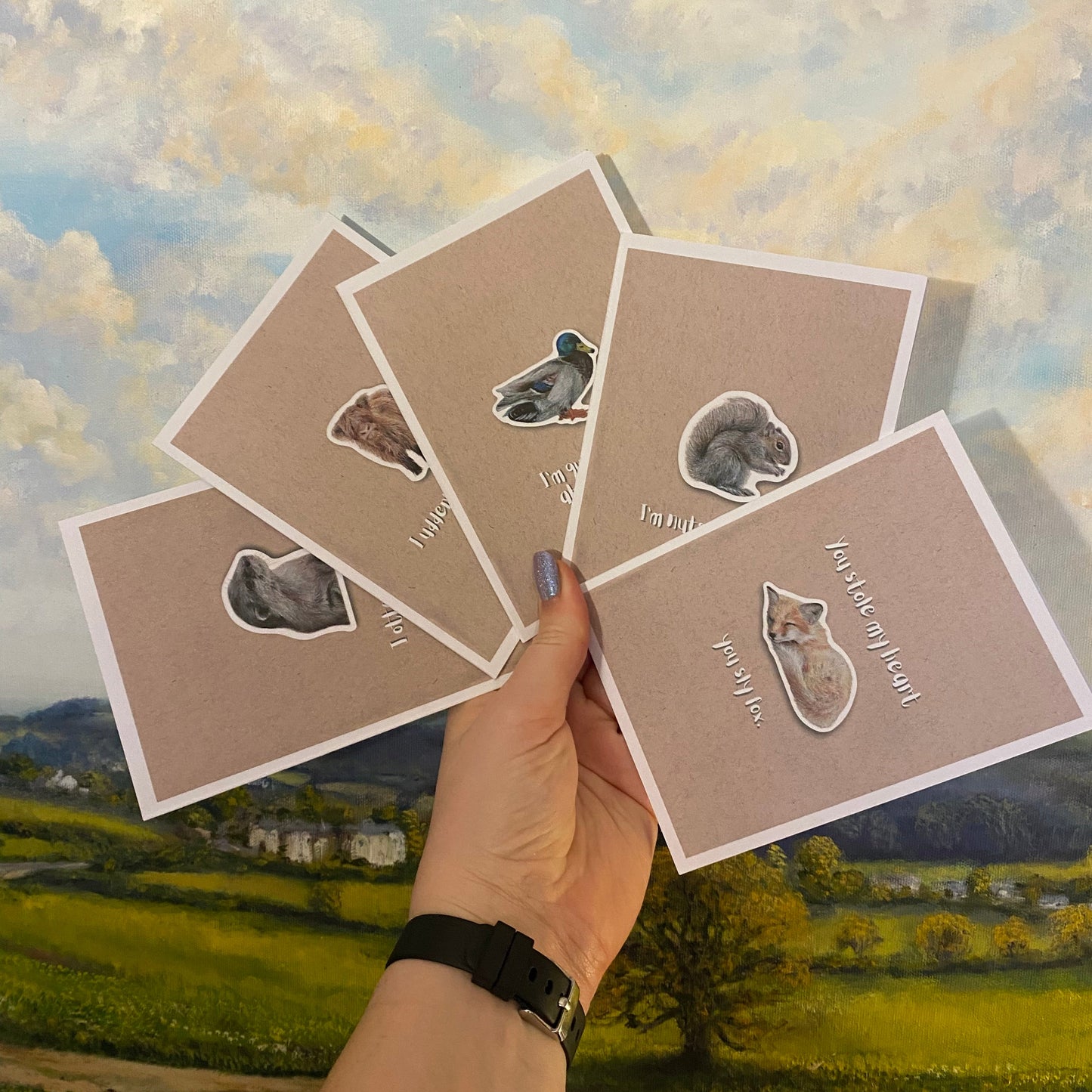 cute pun ainimal greetings cards with otter, fox, highland cow calf, squirrel and duck for Valentine's day