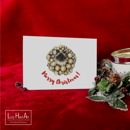 Bauble Wreath Cat | "Merry Christmas!" Greetings Card