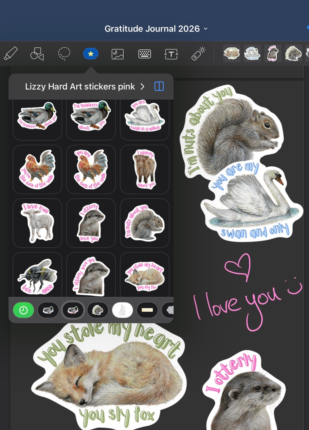 Animal Pun Digital Stickers on Goodnotes page. Pink text options.