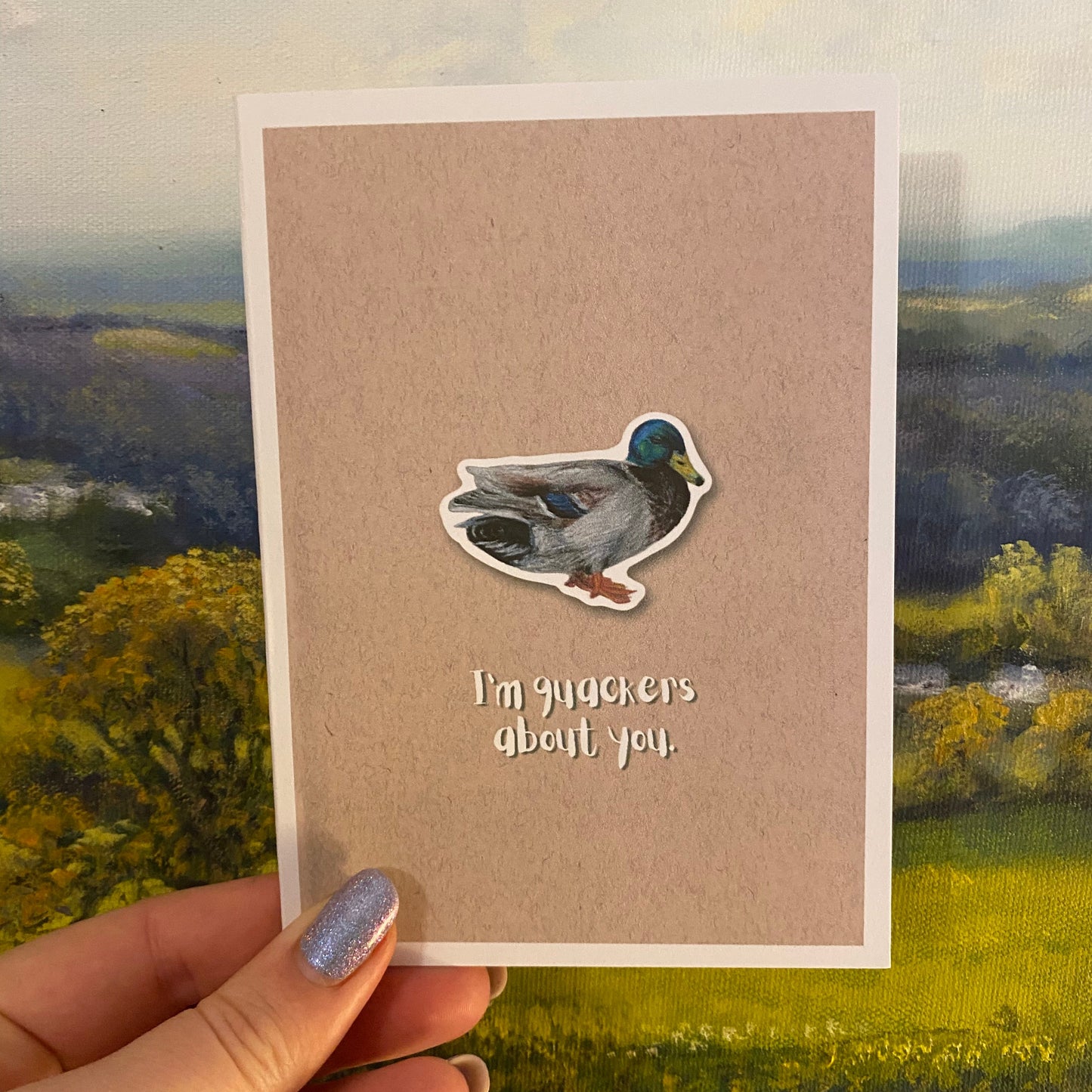 cute pun ainimal greetings card with duck saying "I'm quackers about you" for Valentine's day