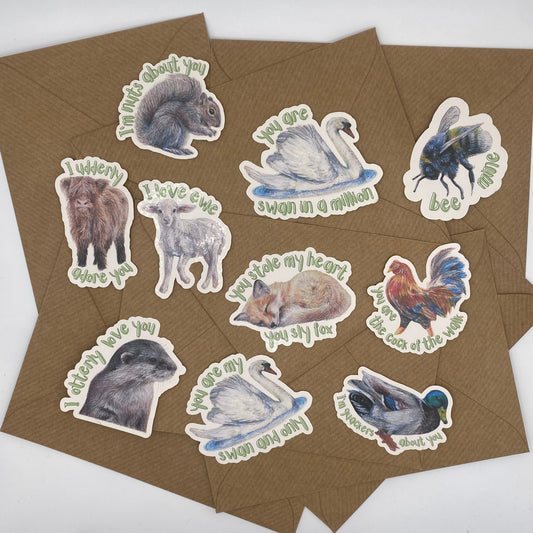 cute hand-drawn animal stickers with Valentine's puns. 