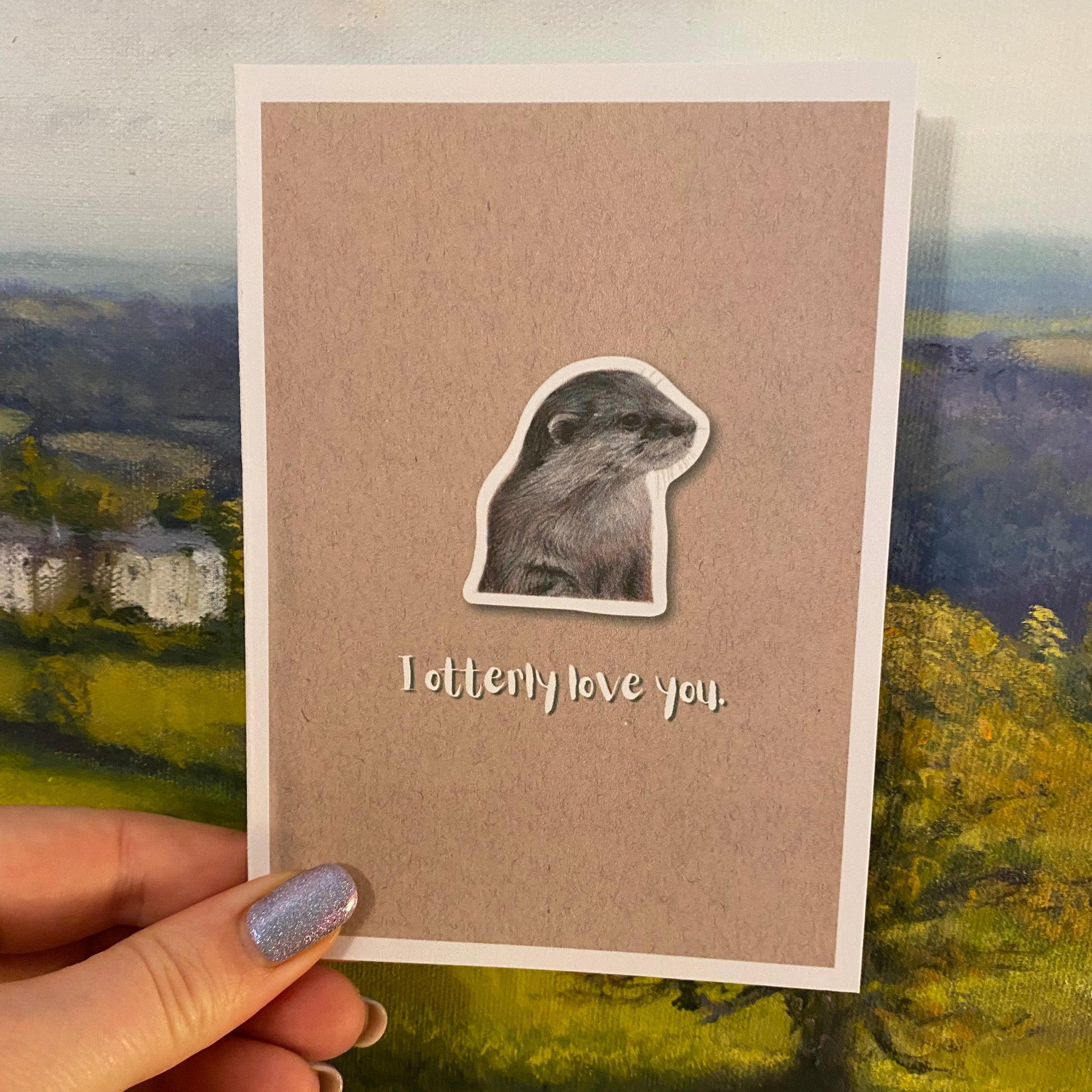 cute pun ainimal greetings card with otter saying "I otterly love you" for Valentine's day