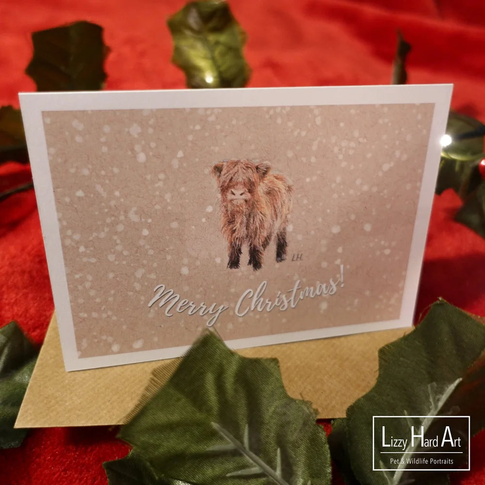 Snowy Highland Cow | "Merry Christmas" Card