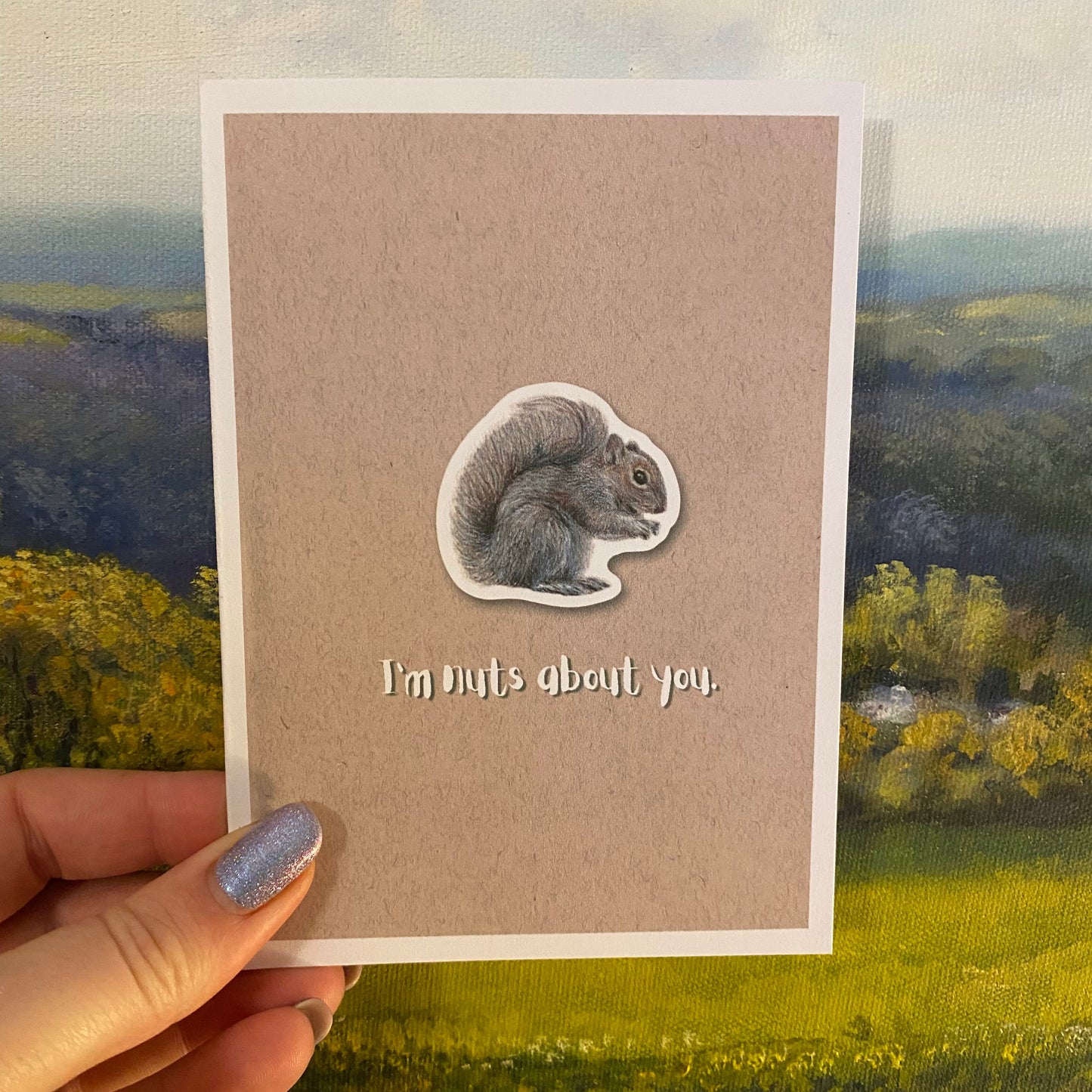 cute pun ainimal greetings card with squirrel saying "I'm nuts about you" for Valentine's day