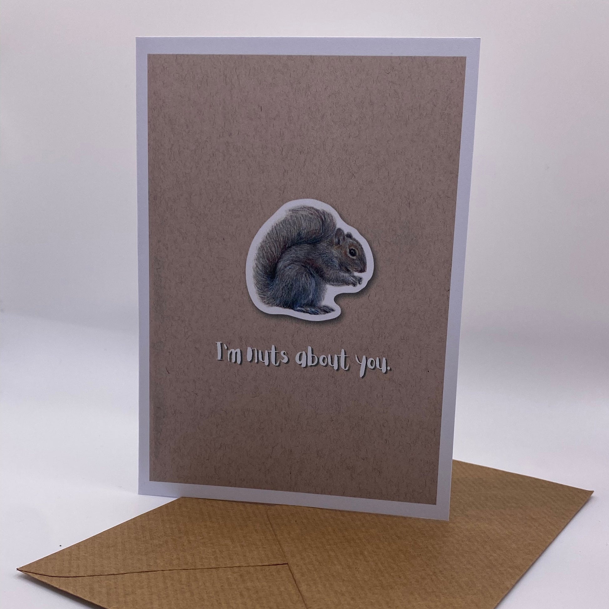 cute pun ainimal greetings card with squirrel saying "I'm nuts about you" for Valentine's day